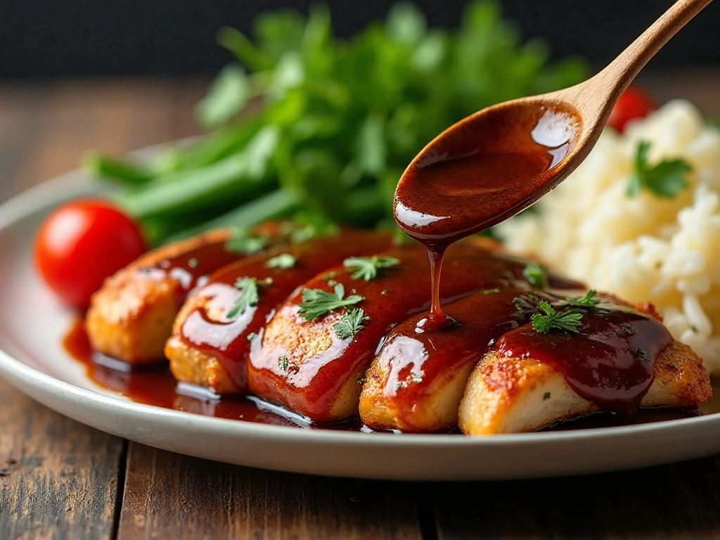 Balsamic sauce spooned over chicken with side dishes