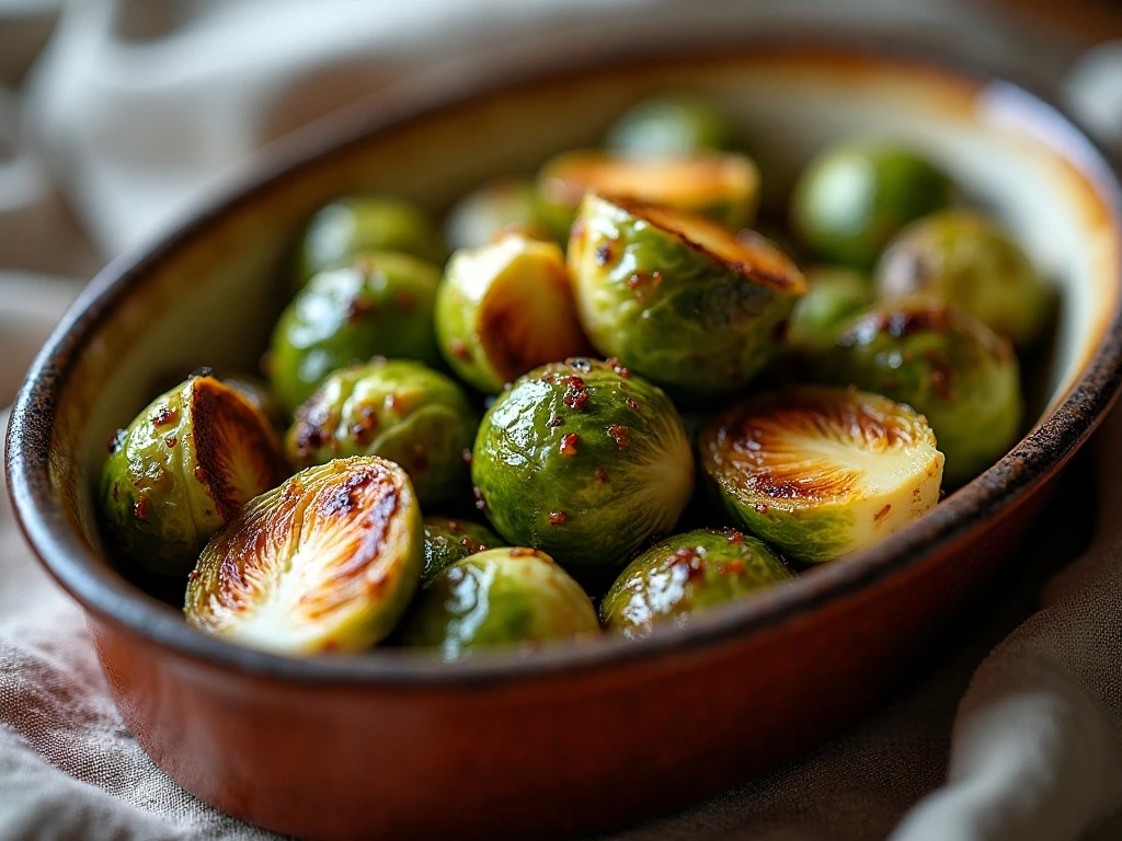 Balsamic honey roasted Brussels sprouts served as a caramelized dinner side