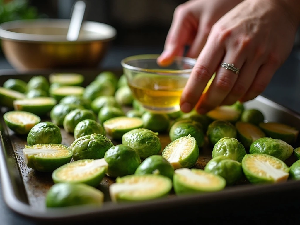 Brussels sprouts arranged cut-side down on a baking sheet for roasting
