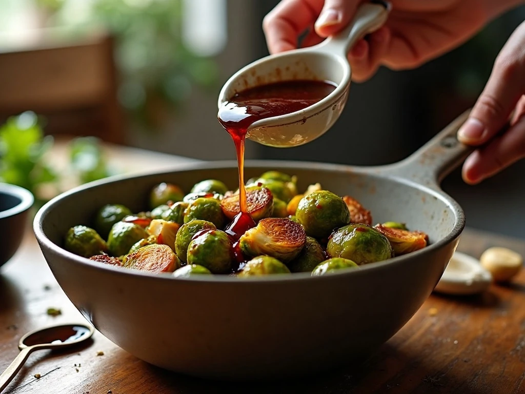 Roasted Brussels sprouts being coated with balsamic honey glaze