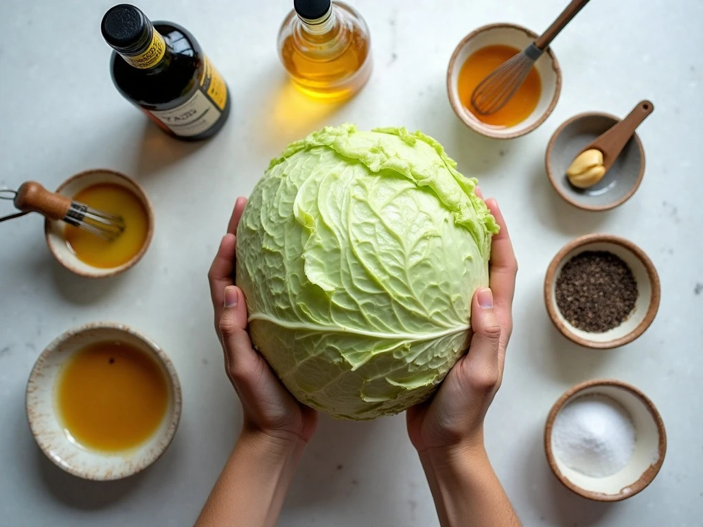 Ingredients for balsamic honey roasted cabbage steaks arranged for cooking