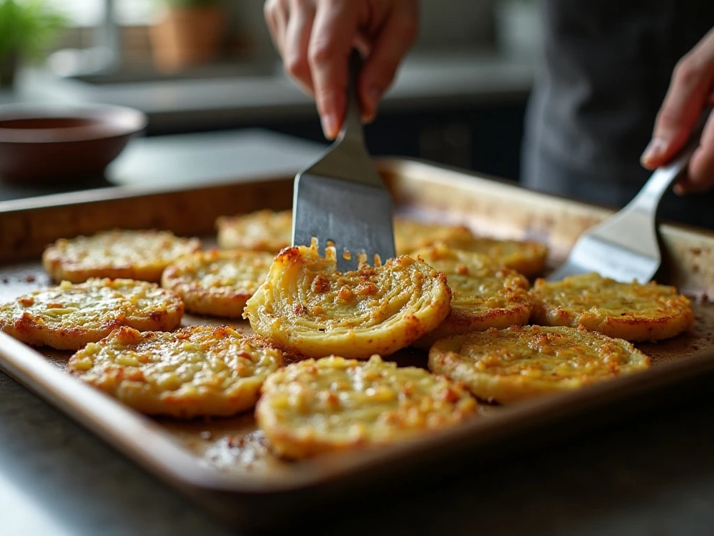 Thick cabbage steaks being turned during roasting
