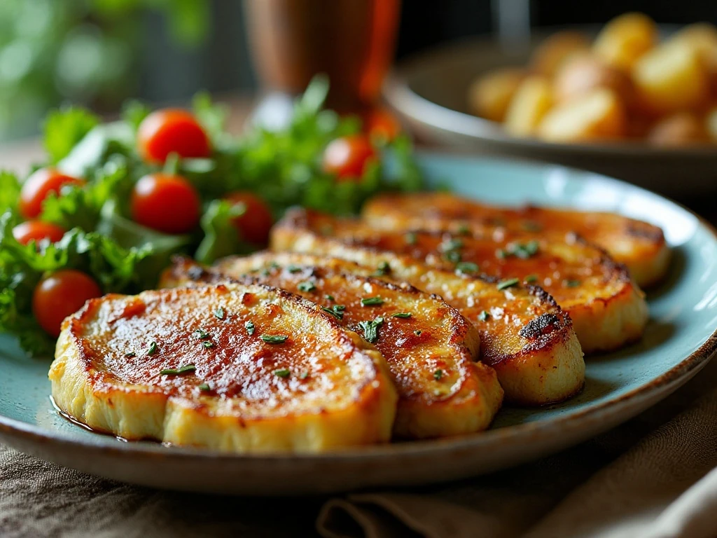 Roasted cabbage steaks served with potatoes and salad for dinner