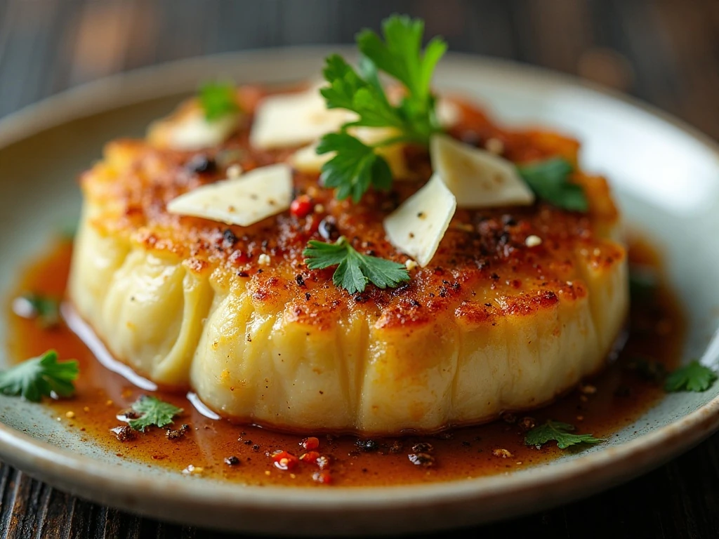 Close-up of a glazed cabbage steak with parsley Parmesan and pepper