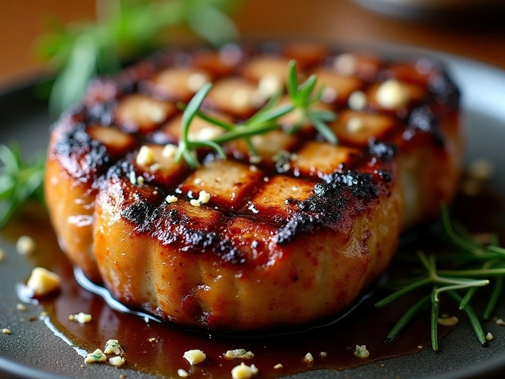Close-up of juicy balsamic pork chop with rosemary