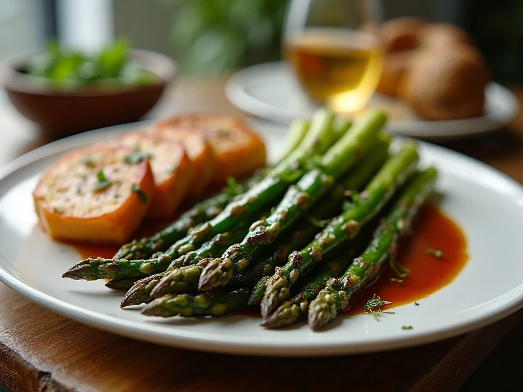 Balsamic roasted asparagus served as an easy dinner side dish