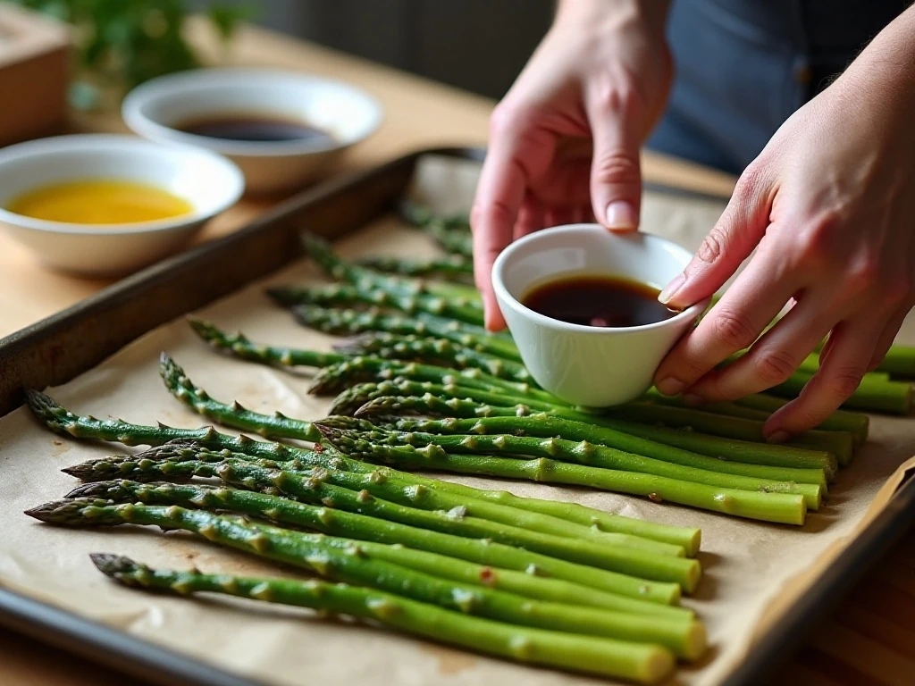 Arranging asparagus on a baking sheet before roasting