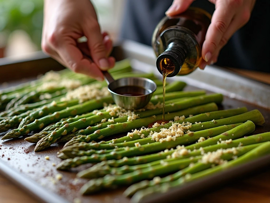 Seasoning asparagus with olive oil and balsamic vinegar