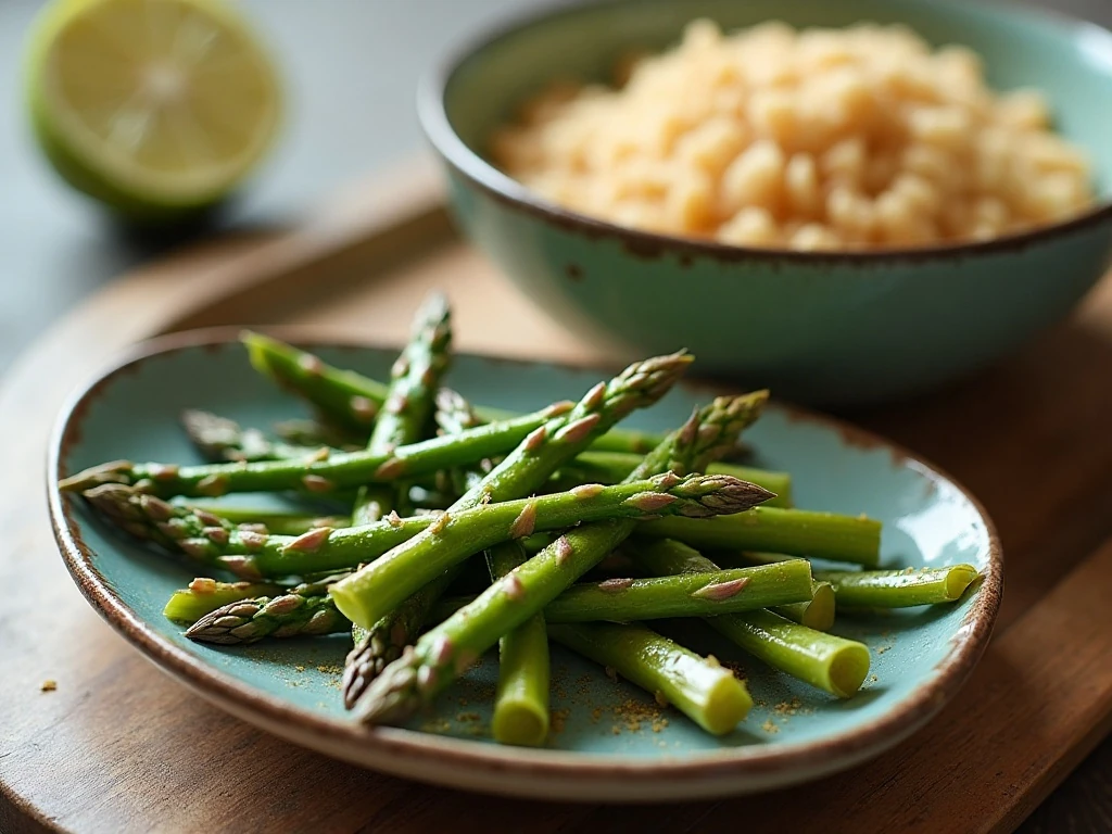 Stored and reheated balsamic roasted asparagus served with a meal