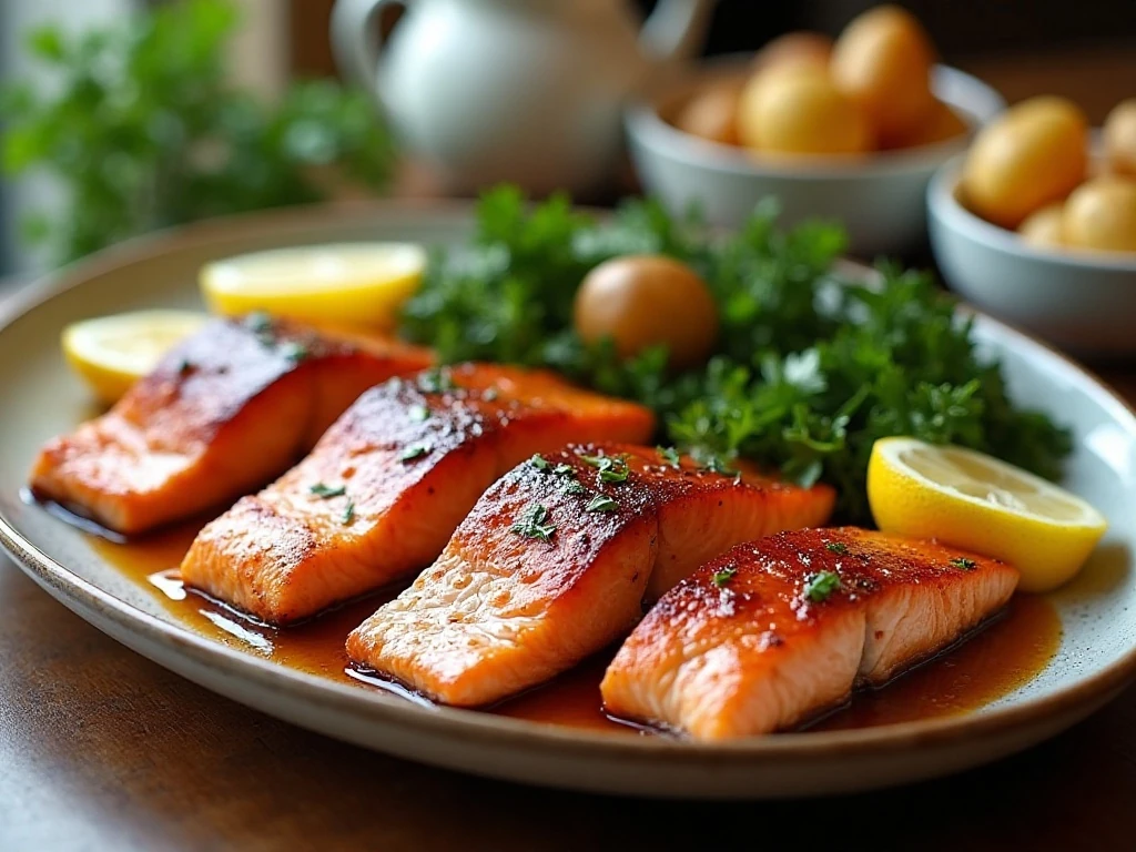 Balsamic salmon served with vegetables and potatoes