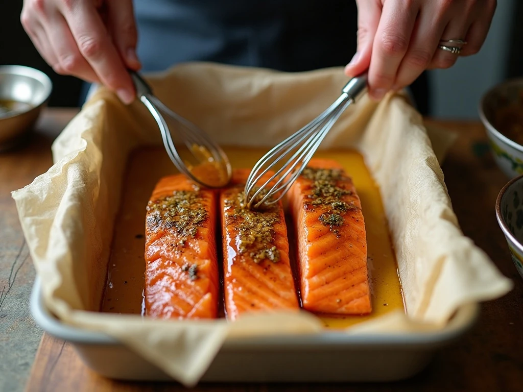 Salmon being brushed with balsamic sauce before baking