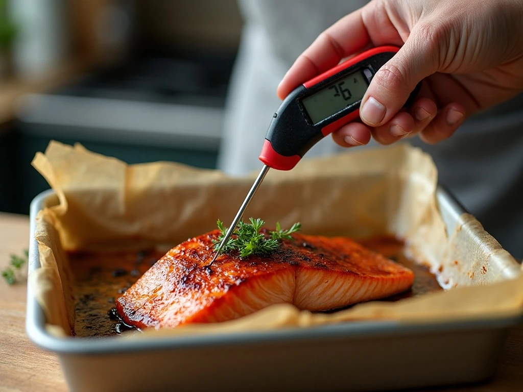 Checking baked salmon temperature with a thermometer