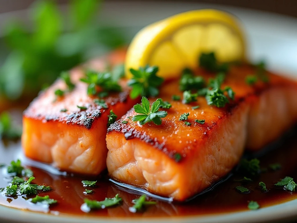 Close-up of balsamic salmon with parsley and lemon