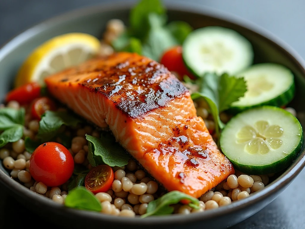 Leftover balsamic salmon served in a grain bowl