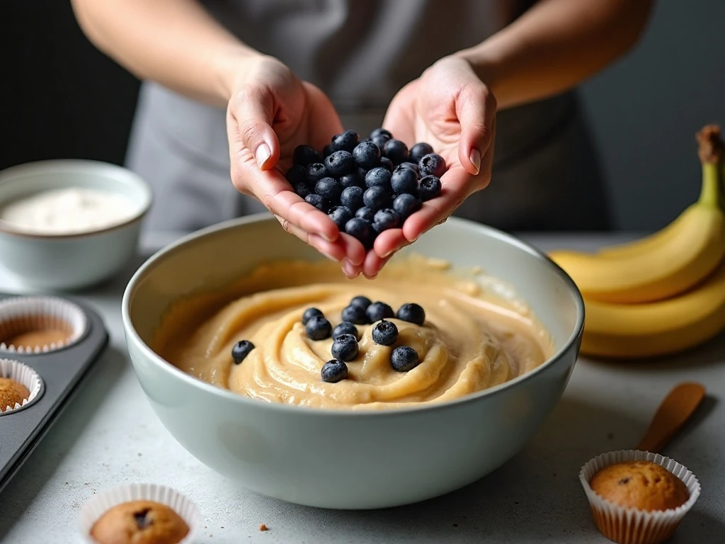Folding blueberries into banana muffin batter