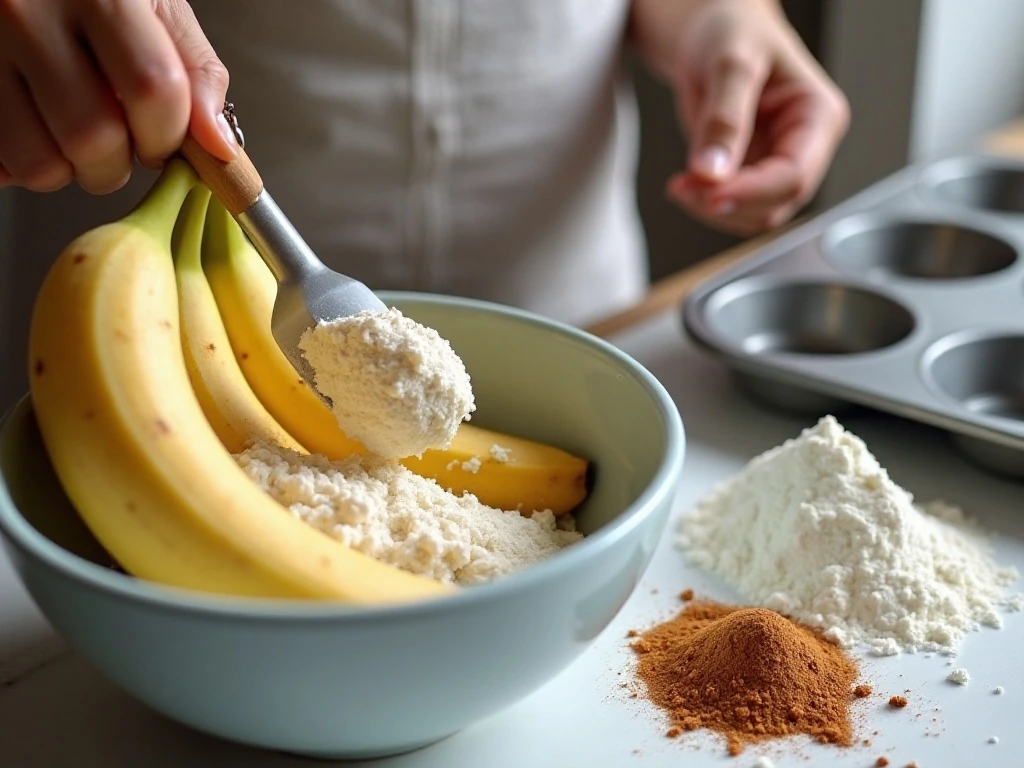 Mashed ripe bananas prepared for tender breakfast muffins