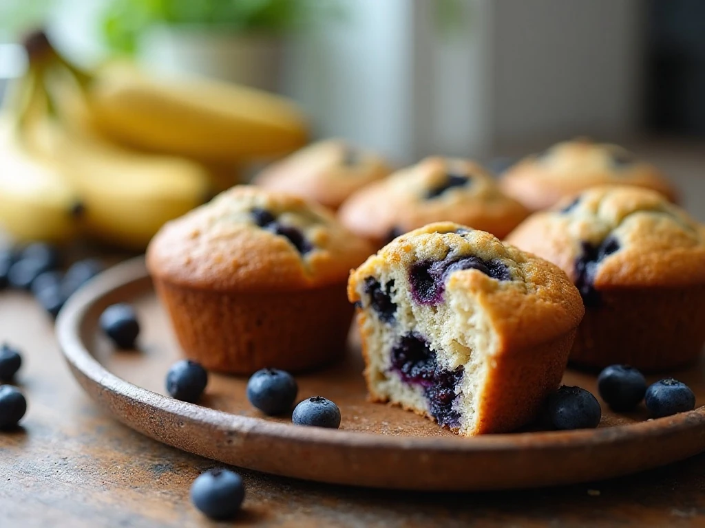 Freshly baked banana blueberry muffins for breakfast
