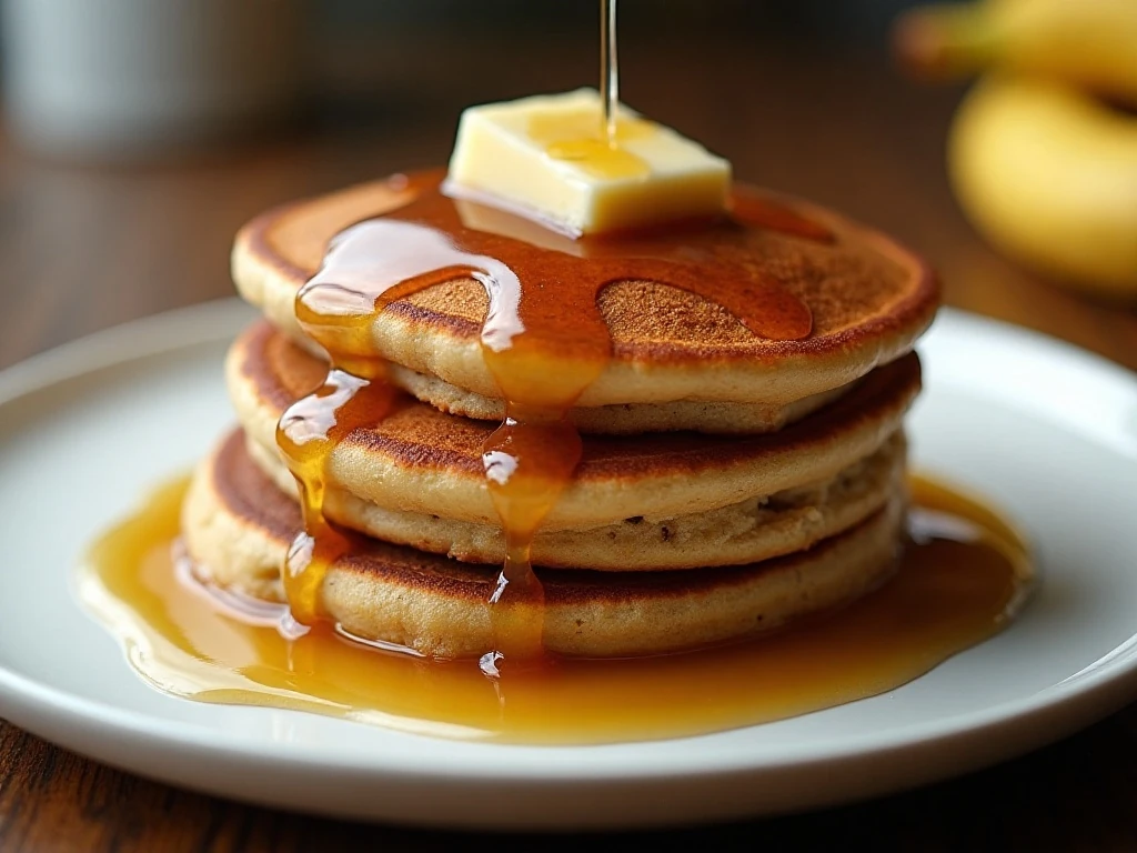 Stack of fluffy banana bread pancakes with butter and maple syrup
