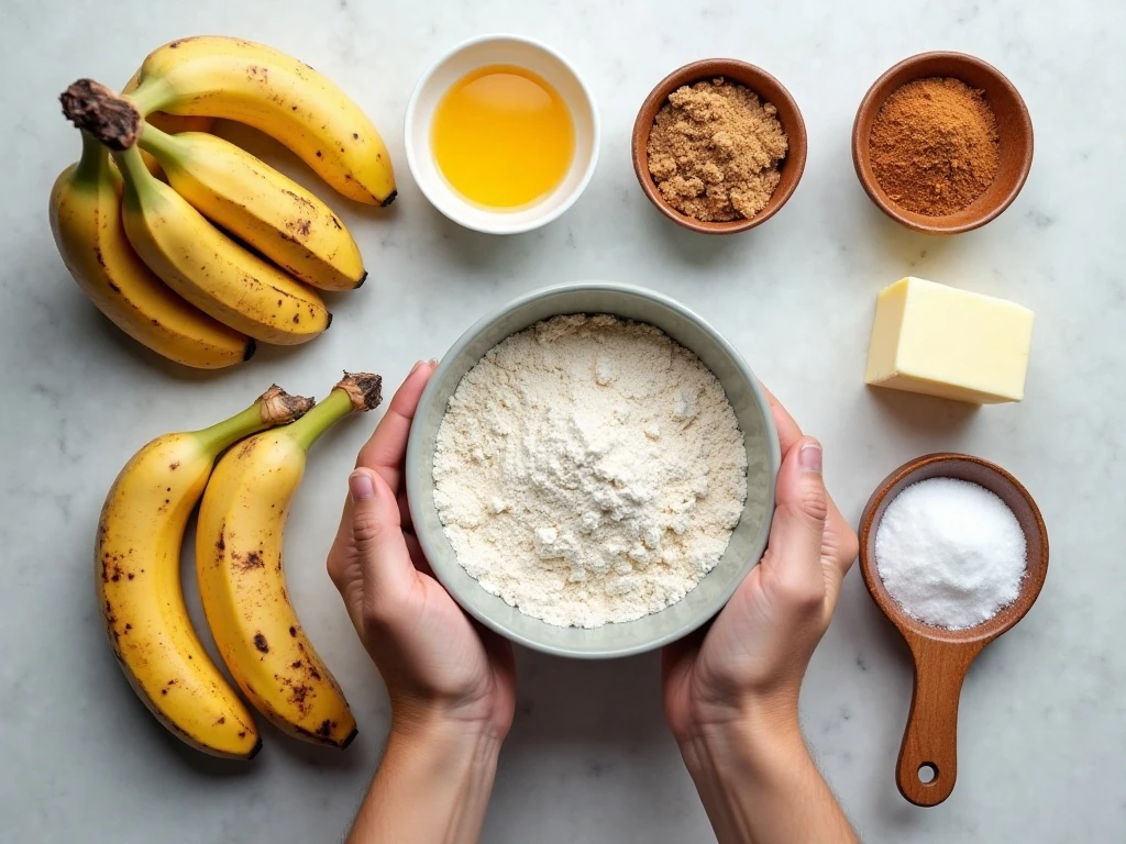 Ingredients for banana bread pancakes arranged in a flat lay