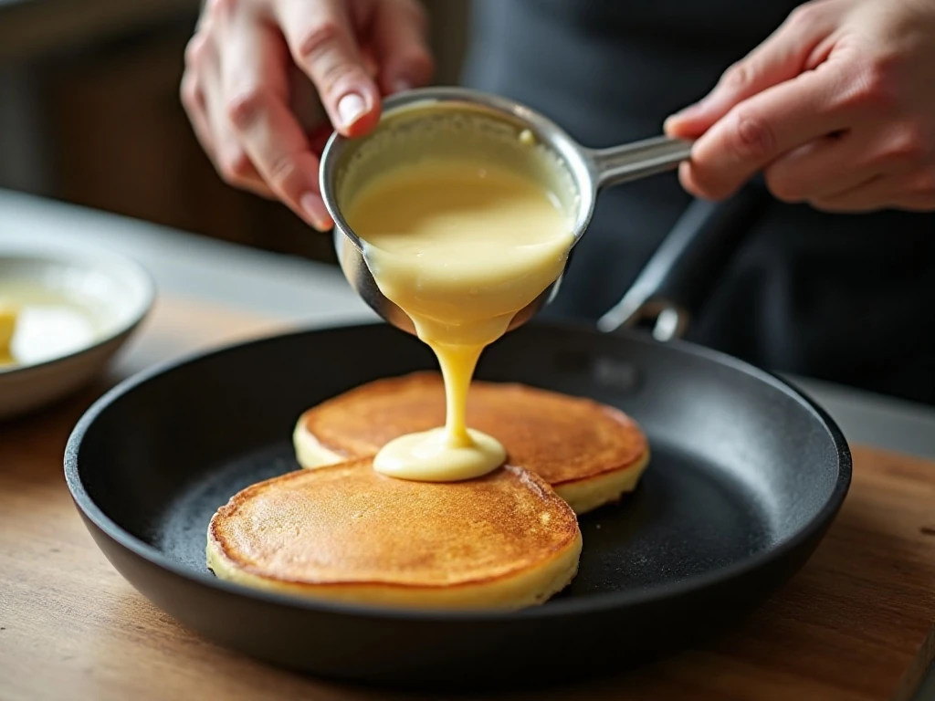 Banana pancake batter cooking in a skillet