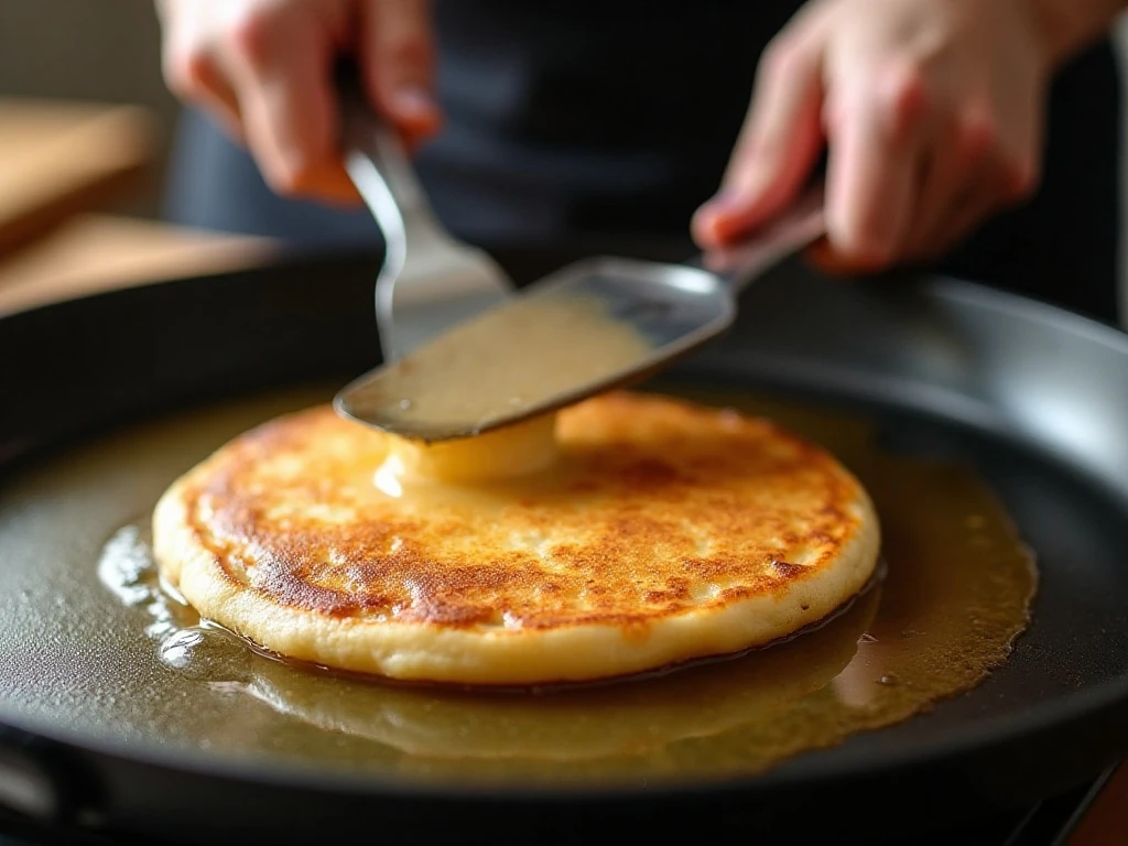 Golden banana pancake being flipped in a skillet