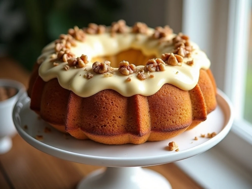 Banana Bundt cake with walnut cream cheese frosting on a cake stand