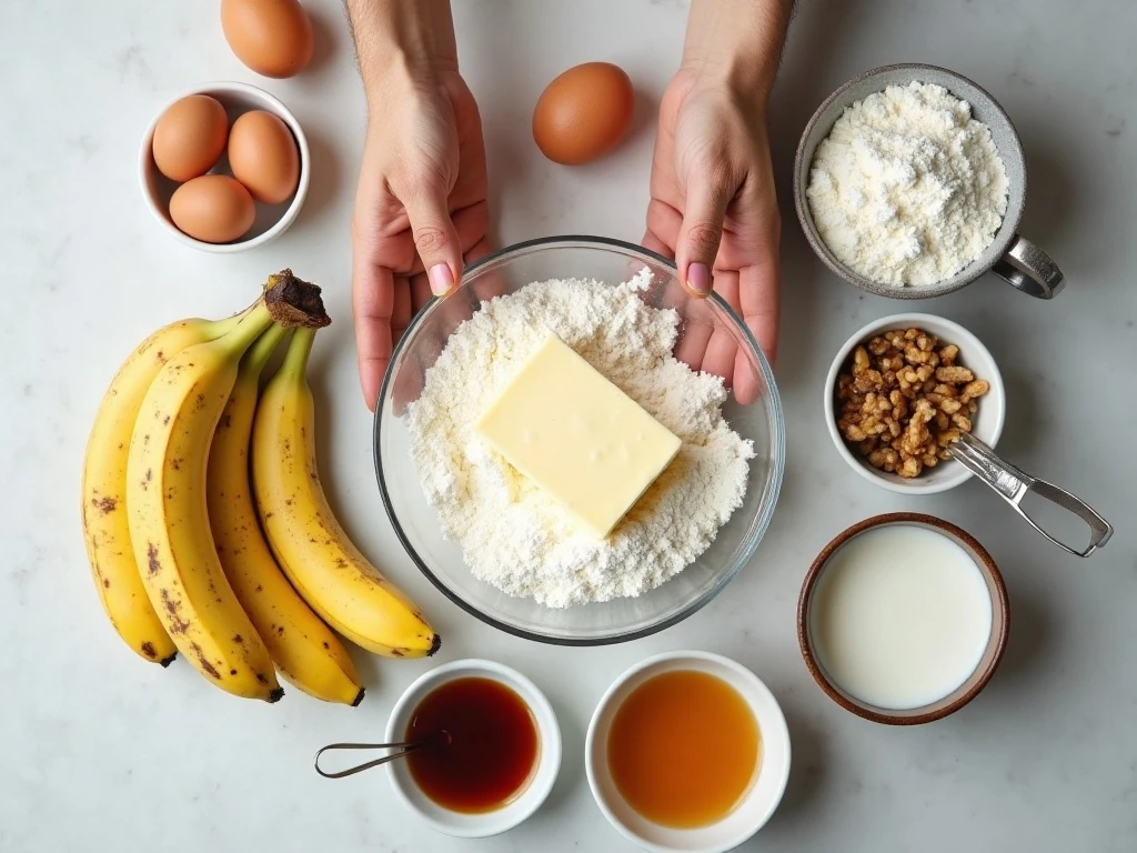 Ingredients for banana Bundt cake and walnut cream cheese frosting