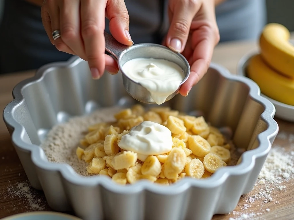 Preparing banana and sour cream batter for a Bundt cake