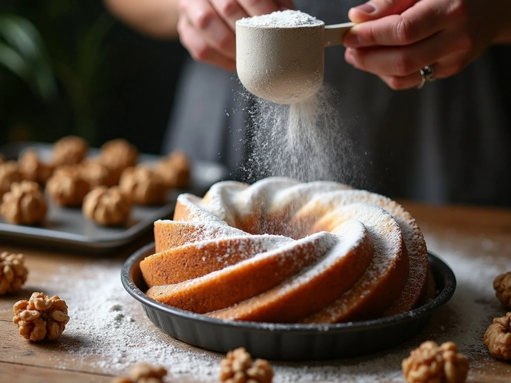 Preparing a Bundt pan with grease and flour before baking