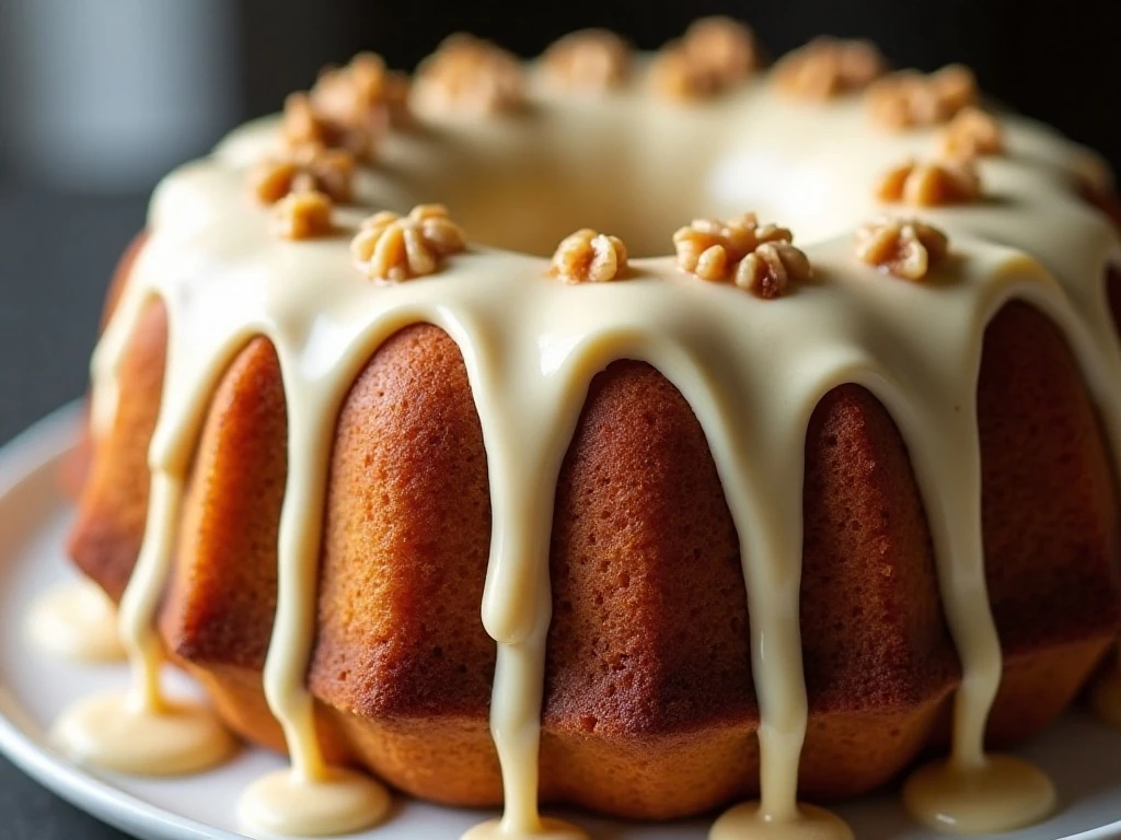 Walnut cream cheese frosting and toasted walnuts finishing a banana Bundt cake
