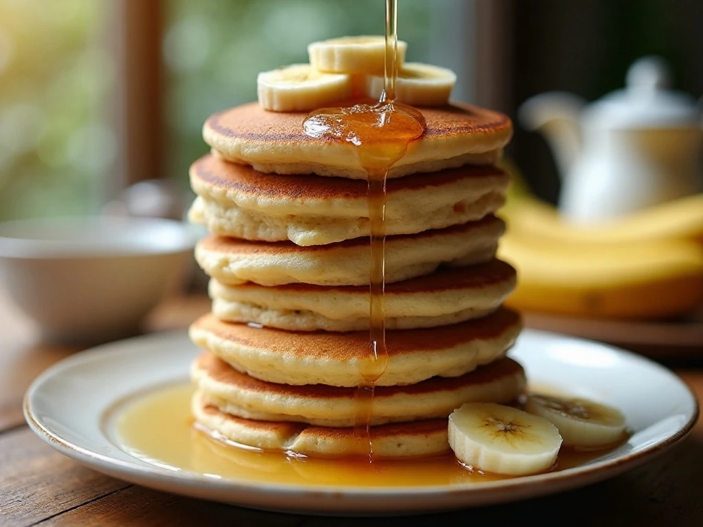 Stack of fluffy banana buttermilk pancakes with butter and maple syrup