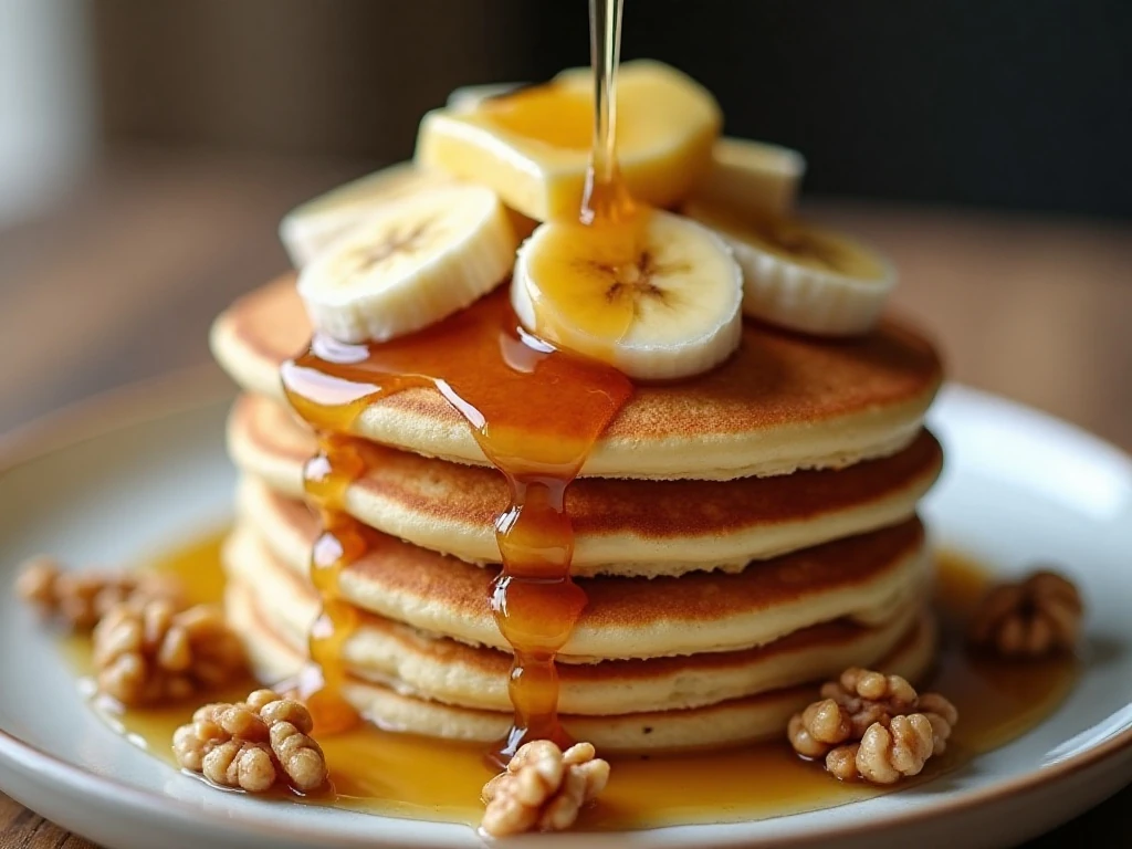 Banana pancakes topped with maple syrup, banana slices, and toasted walnuts