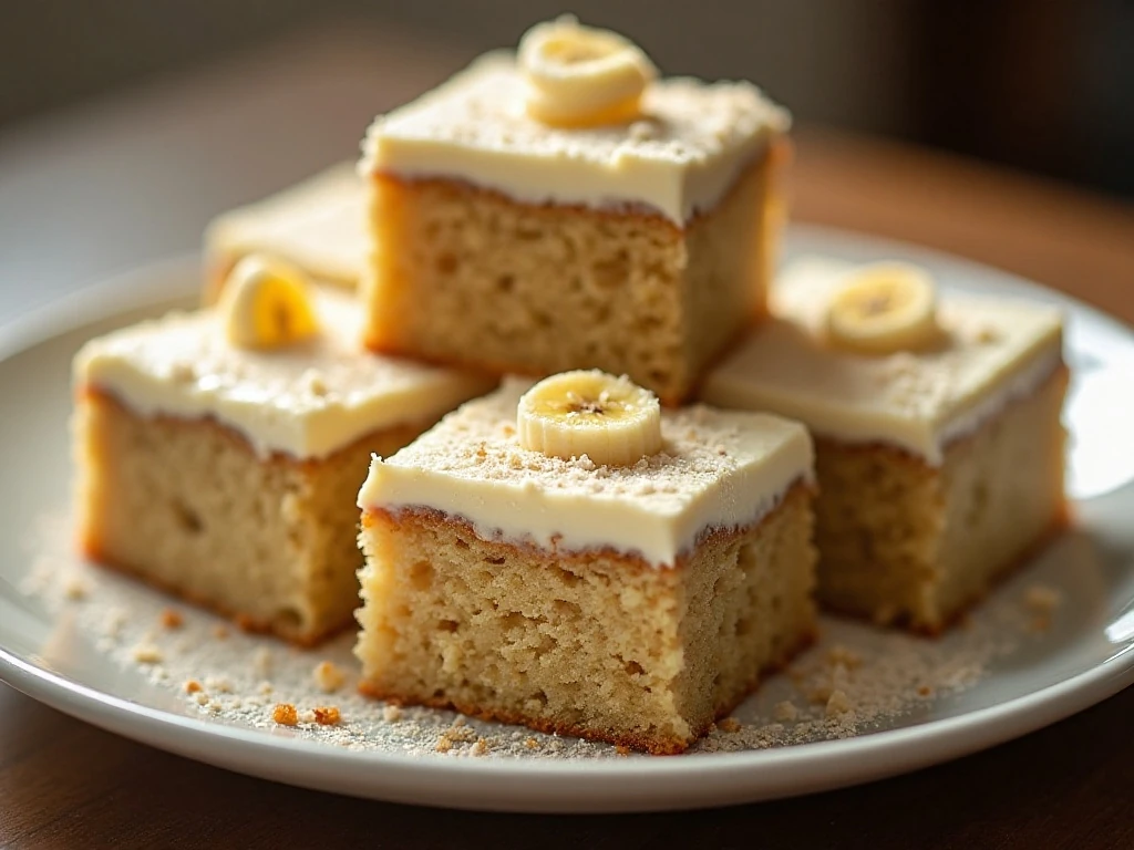 Slices of moist banana cake topped with cream cheese frosting