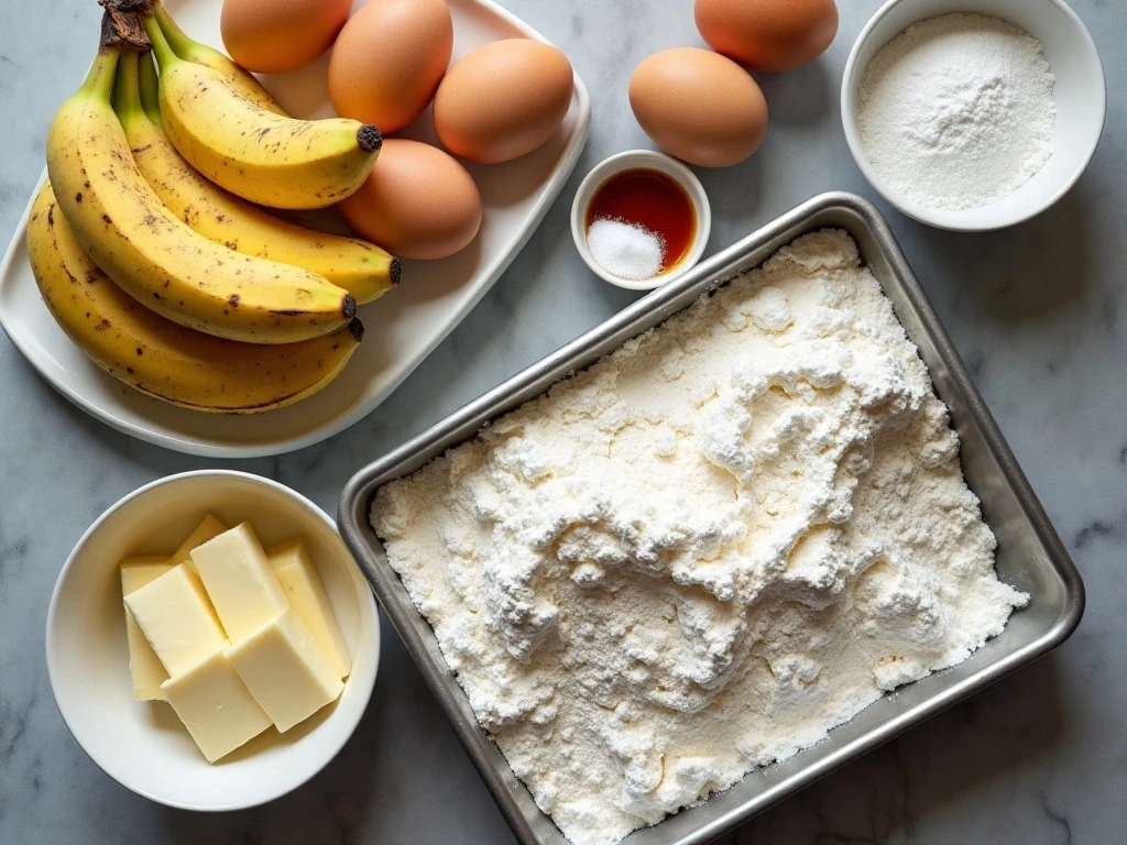 Ingredients for banana cake and cream cheese frosting