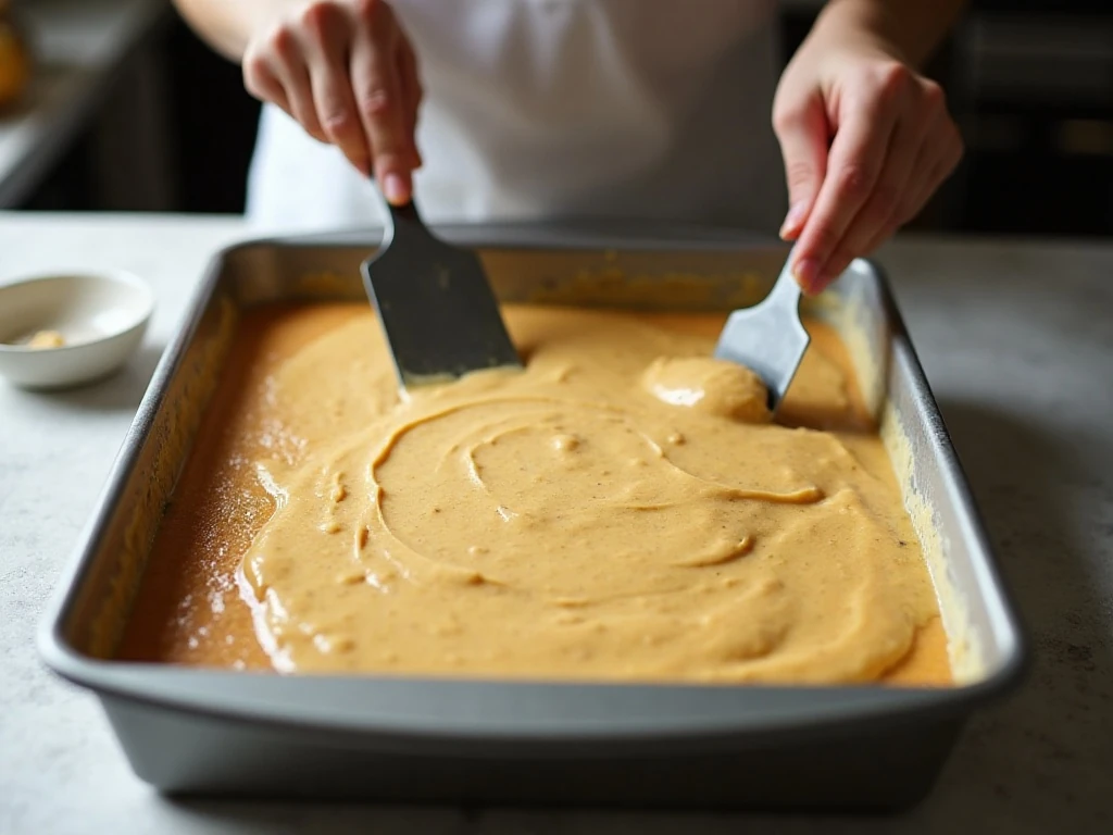 Banana cake batter being spread in a baking pan