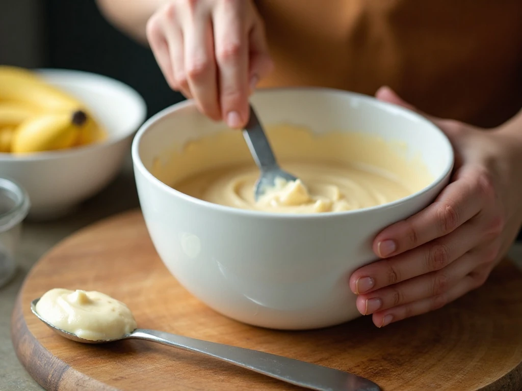 Banana cake batter and smooth cream cheese frosting