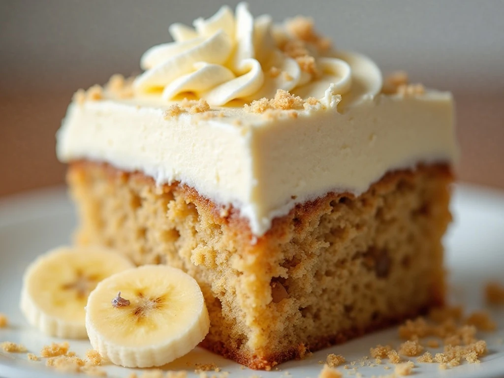 Close-up of cream cheese frosting on banana cake