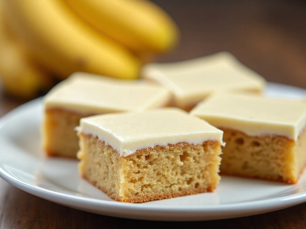 Slices of moist banana cake with cream cheese frosting on a serving platter