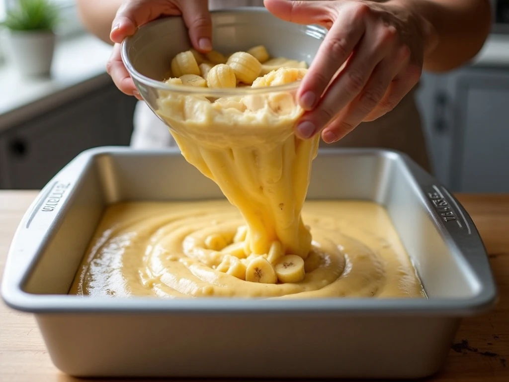 Folding mashed bananas into cake batter