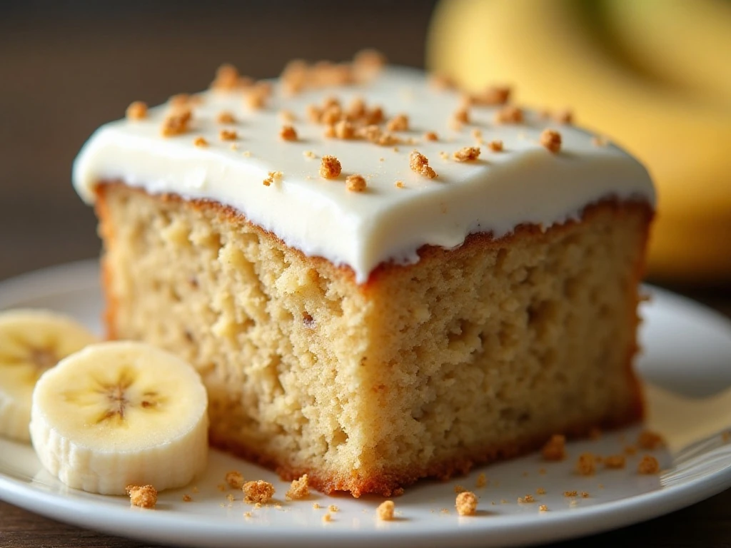 Close-up of moist banana cake crumb and cream cheese frosting