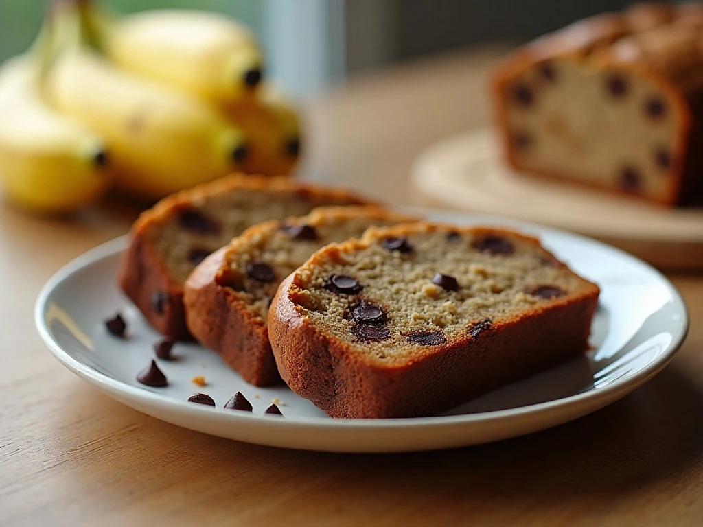 Slices of moist banana chocolate chip bread served on a plate