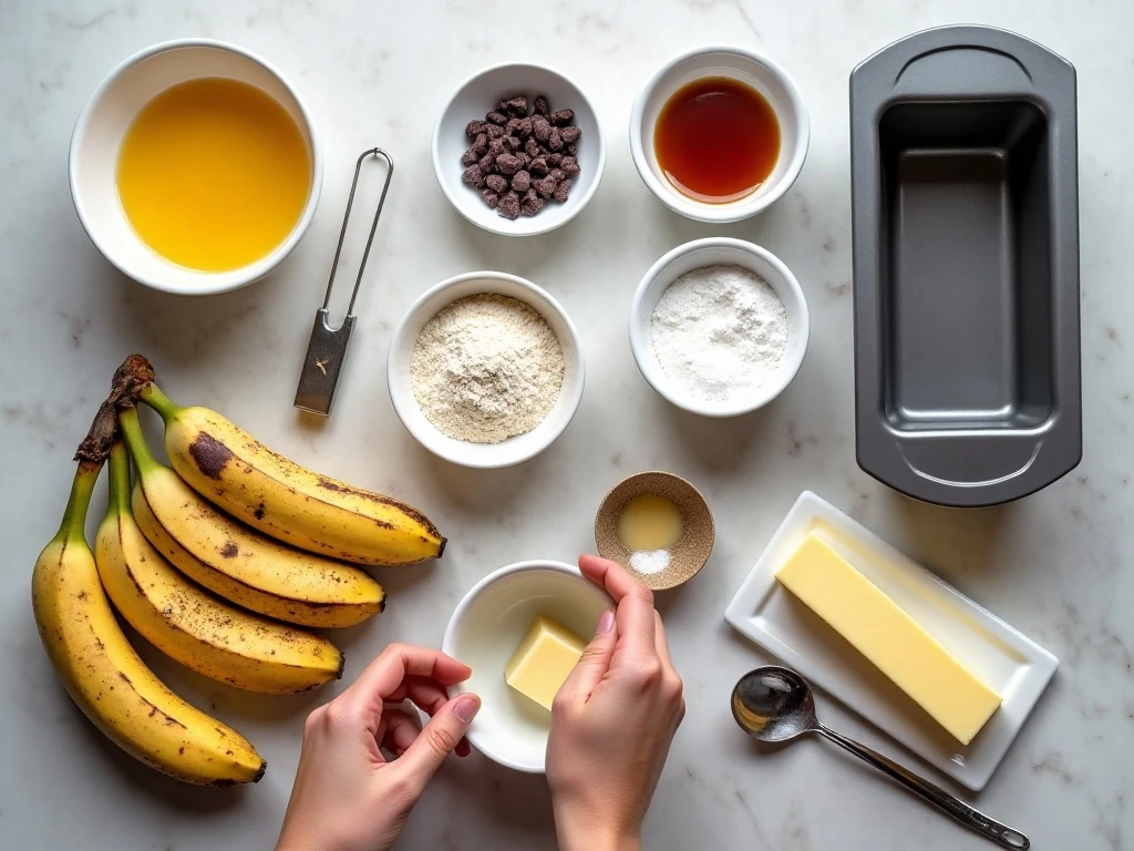 Ingredients for easy moist banana chocolate chip bread