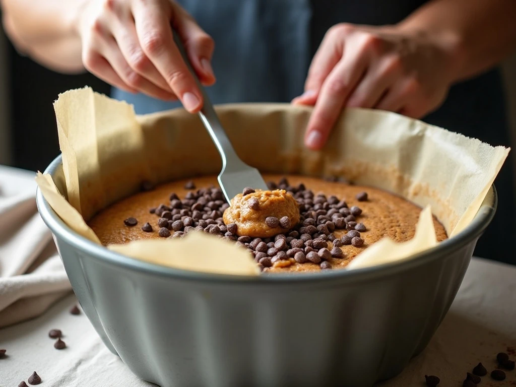 Folding chocolate chips into banana bread batter