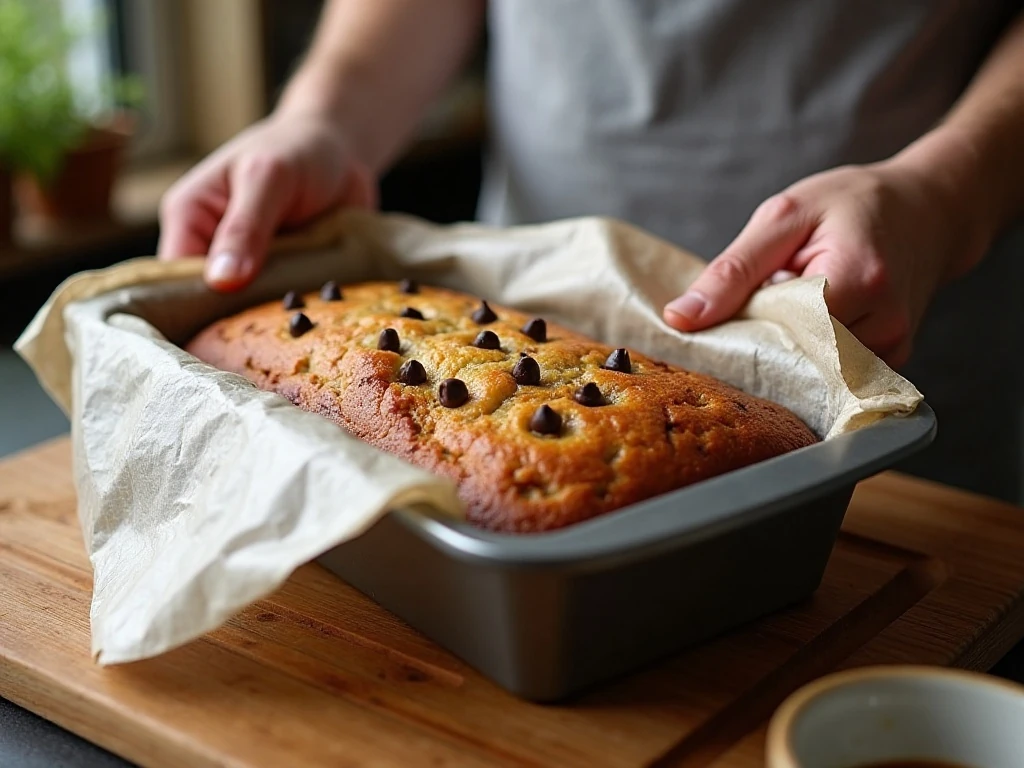 Banana chocolate chip bread covered with foil while baking