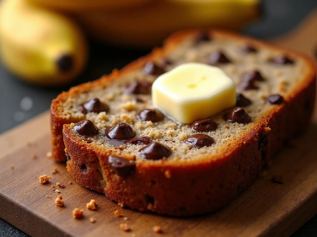 Close-up slice of banana chocolate chip bread with melted chocolate