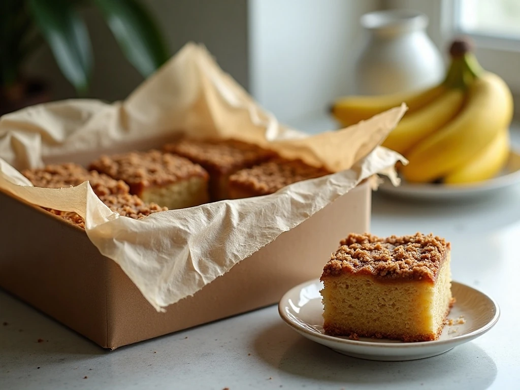 Stored and ready-to-serve banana coffee cake squares