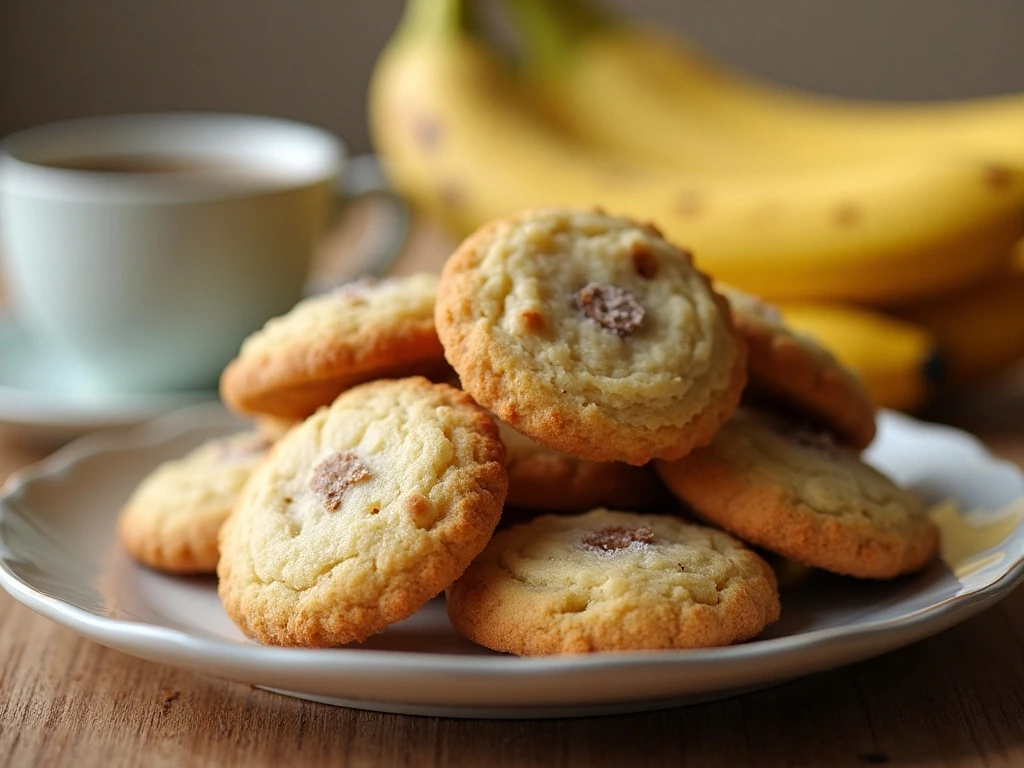Stack of soft and chewy banana cookies with ripe bananas
