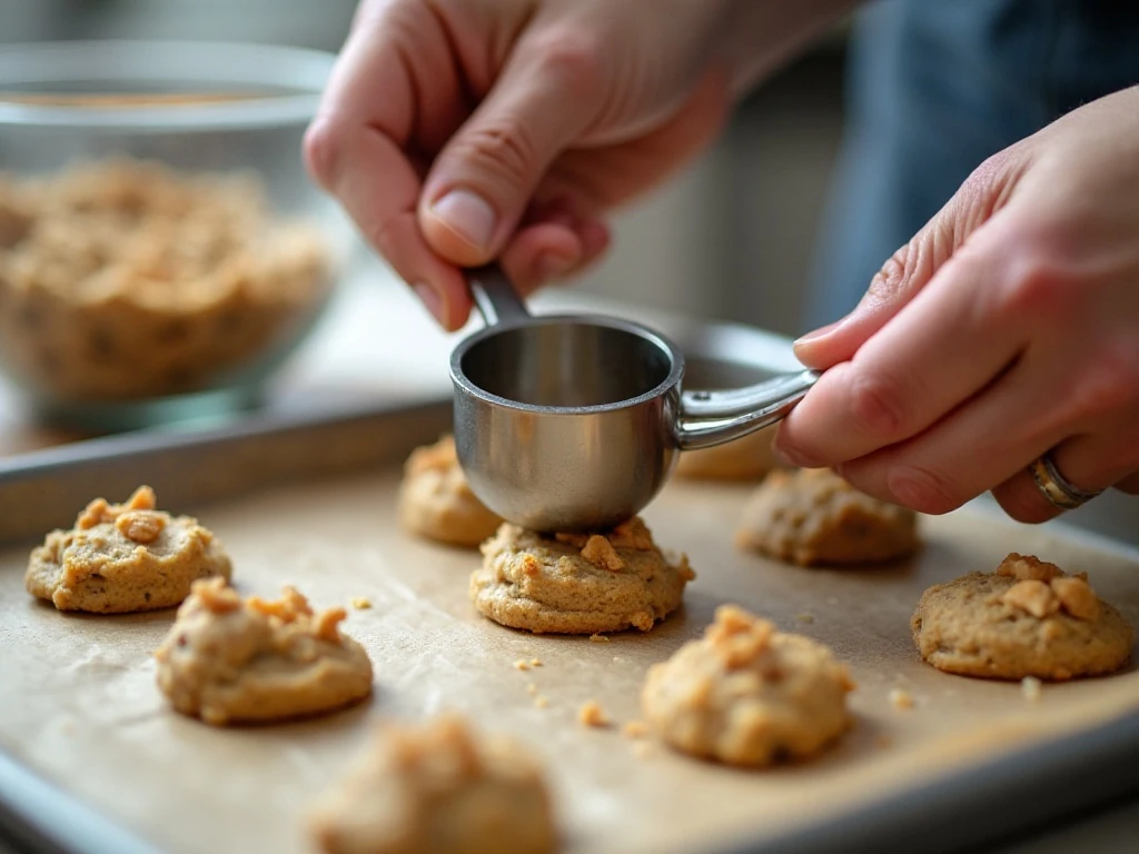 Portioning banana cookie dough onto a baking sheet