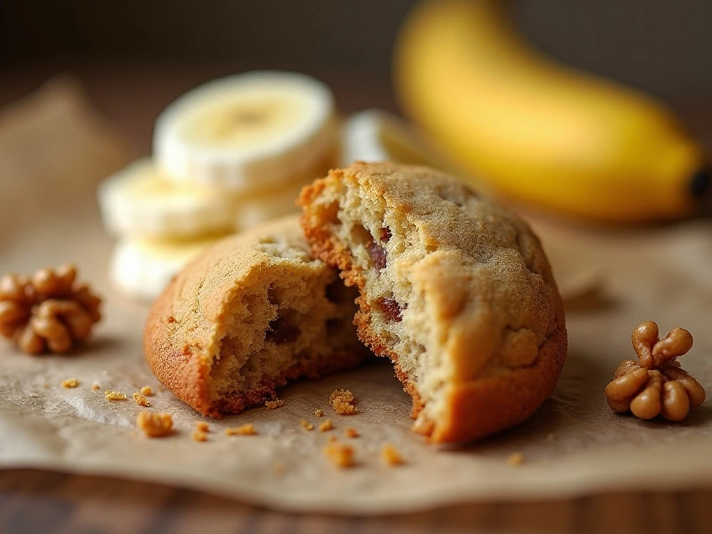 Soft moist center of a banana cookie with walnuts