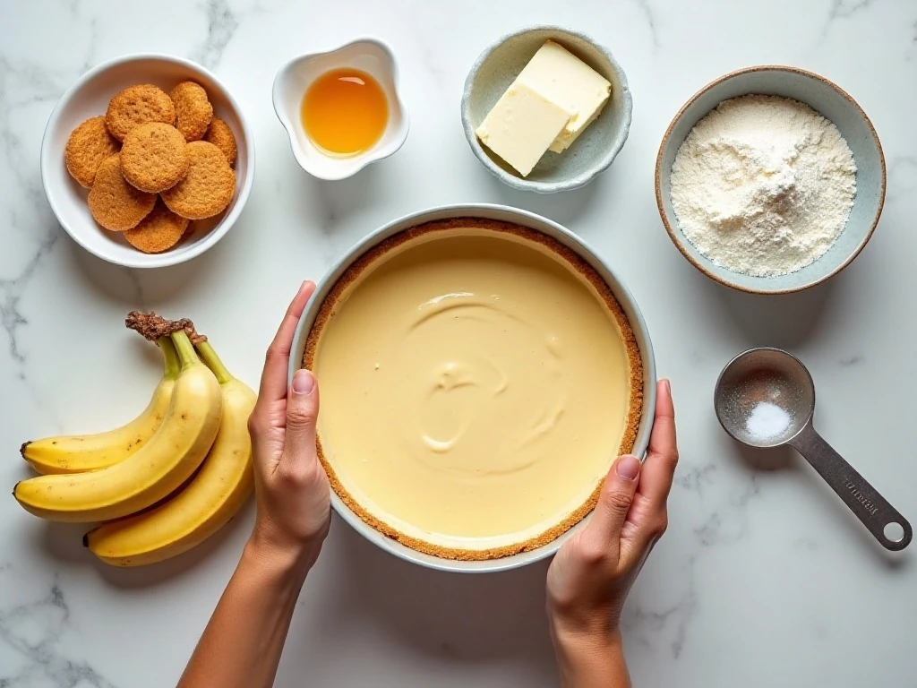 Ingredients for creamy banana cream cheesecake arranged on a counter